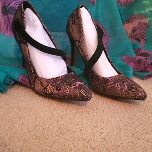 Never worn- black lace pink applique shoes